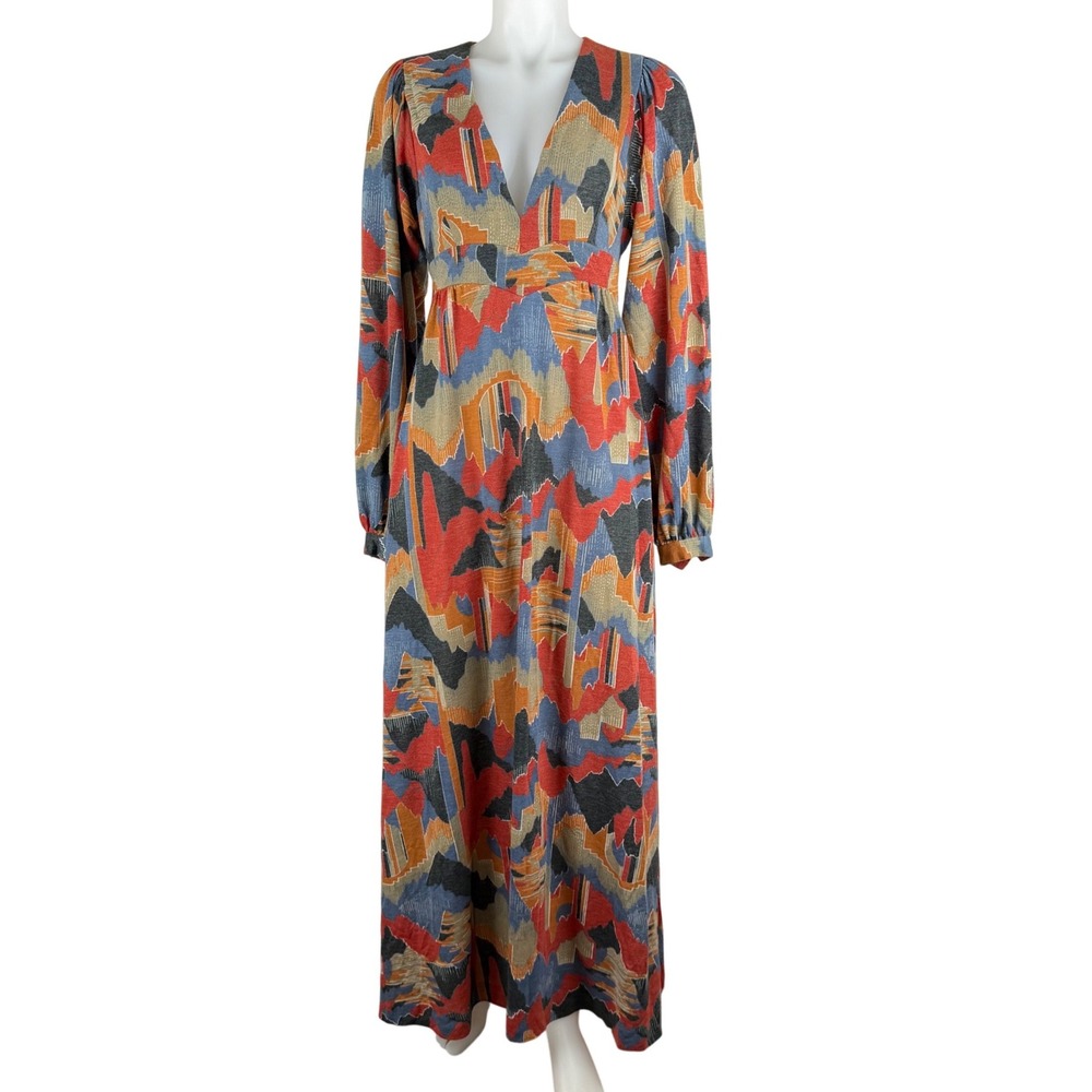 Vintage 70s Lansford Maxi Dress Abstract Geometric Deep V-Neck Empire Waist Boho